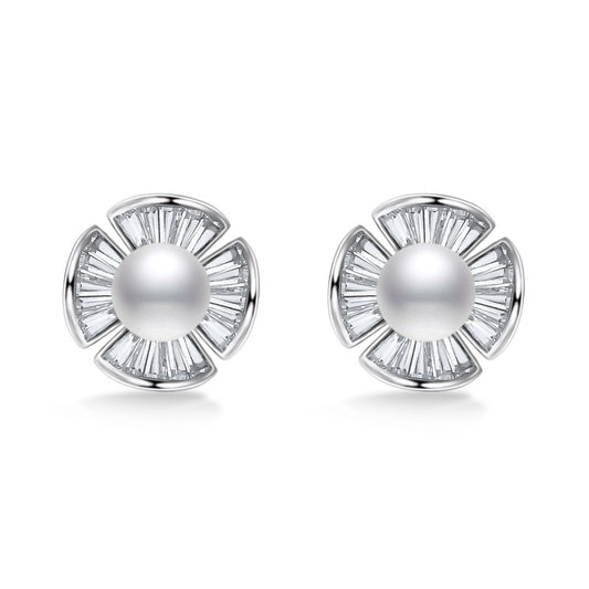 Freshwater Pearl with Zircon Petal Silver Stud Earrings for Women