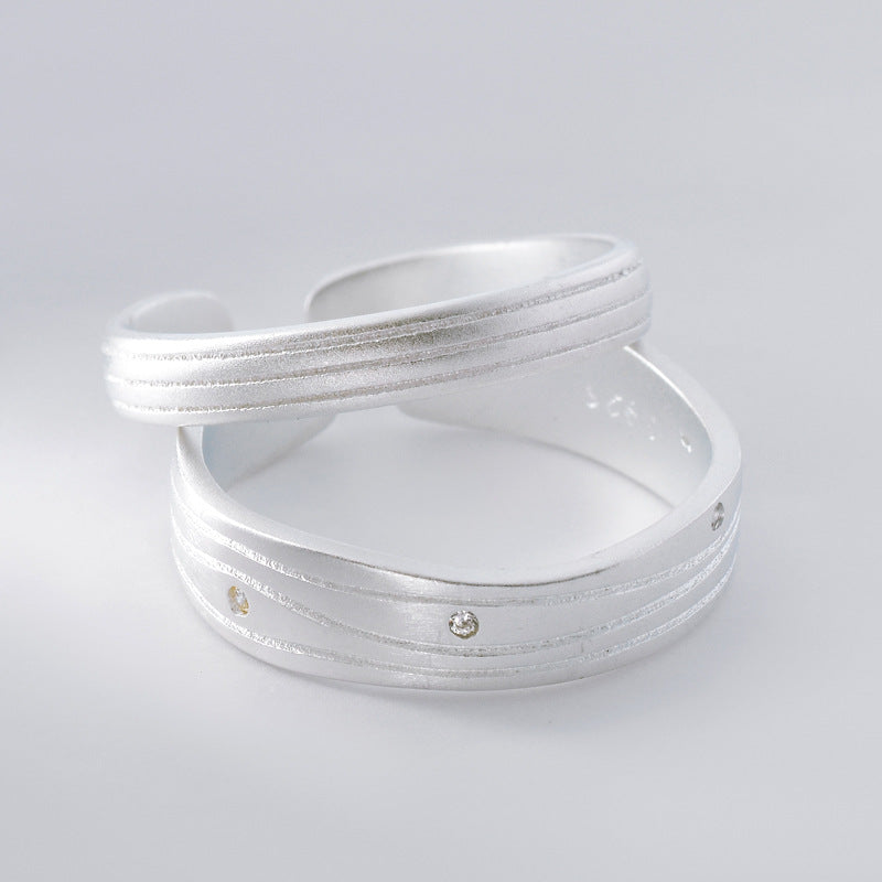 Sandblasting Corrugated Lines Pattern Silver Couple Ring
