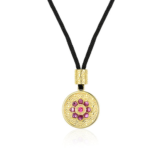 Lotus Pattern Series Two-sided Enamel Purple Zircon Circle Pendant Silver Necklace for Women