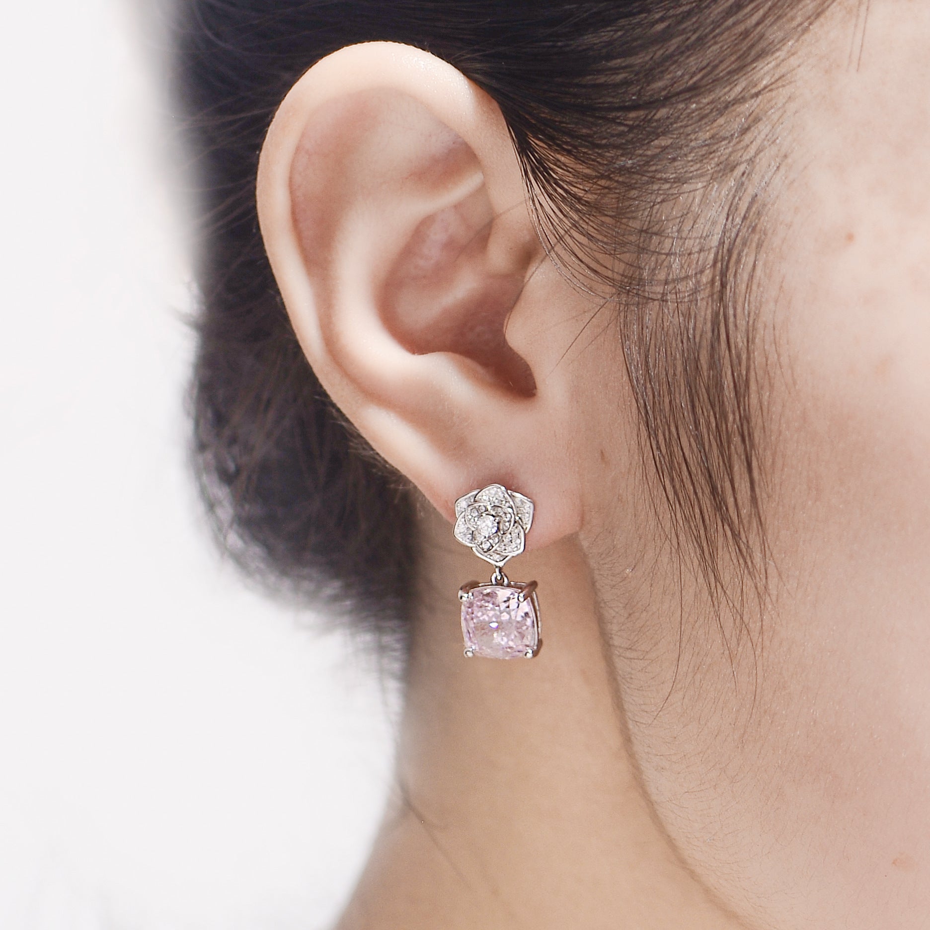 Pink Zircon 8*8mm Cushion Ice Cut Camellia Silver Drop Earrings for Women