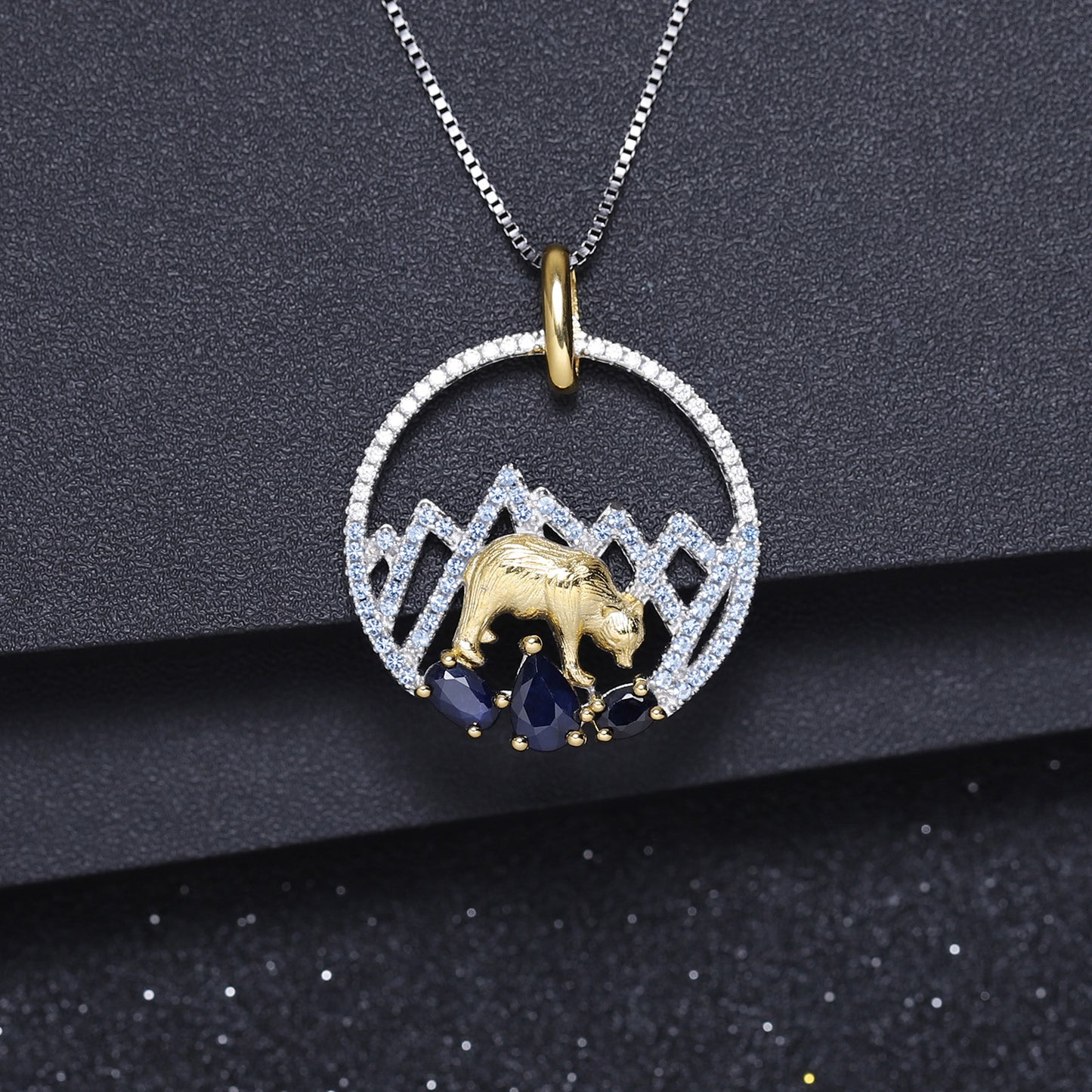 Animal Element Design Inlaid Sapphires Bear Circle Pendant Silver Necklace for Women