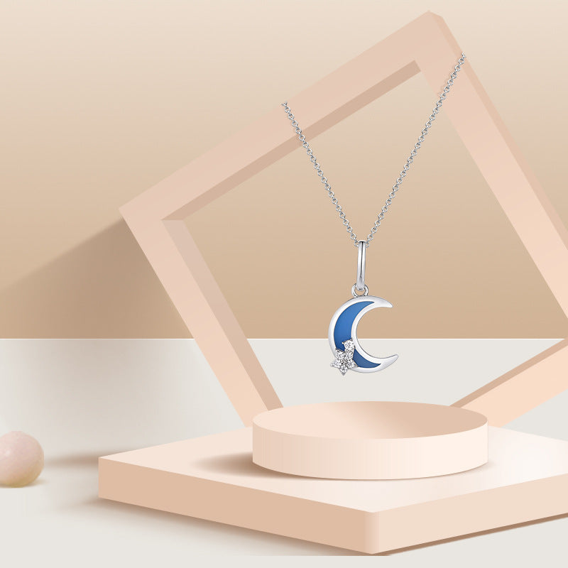(Pendant Only) Blue Agate Moon with Zircon Silver Pendant for Women