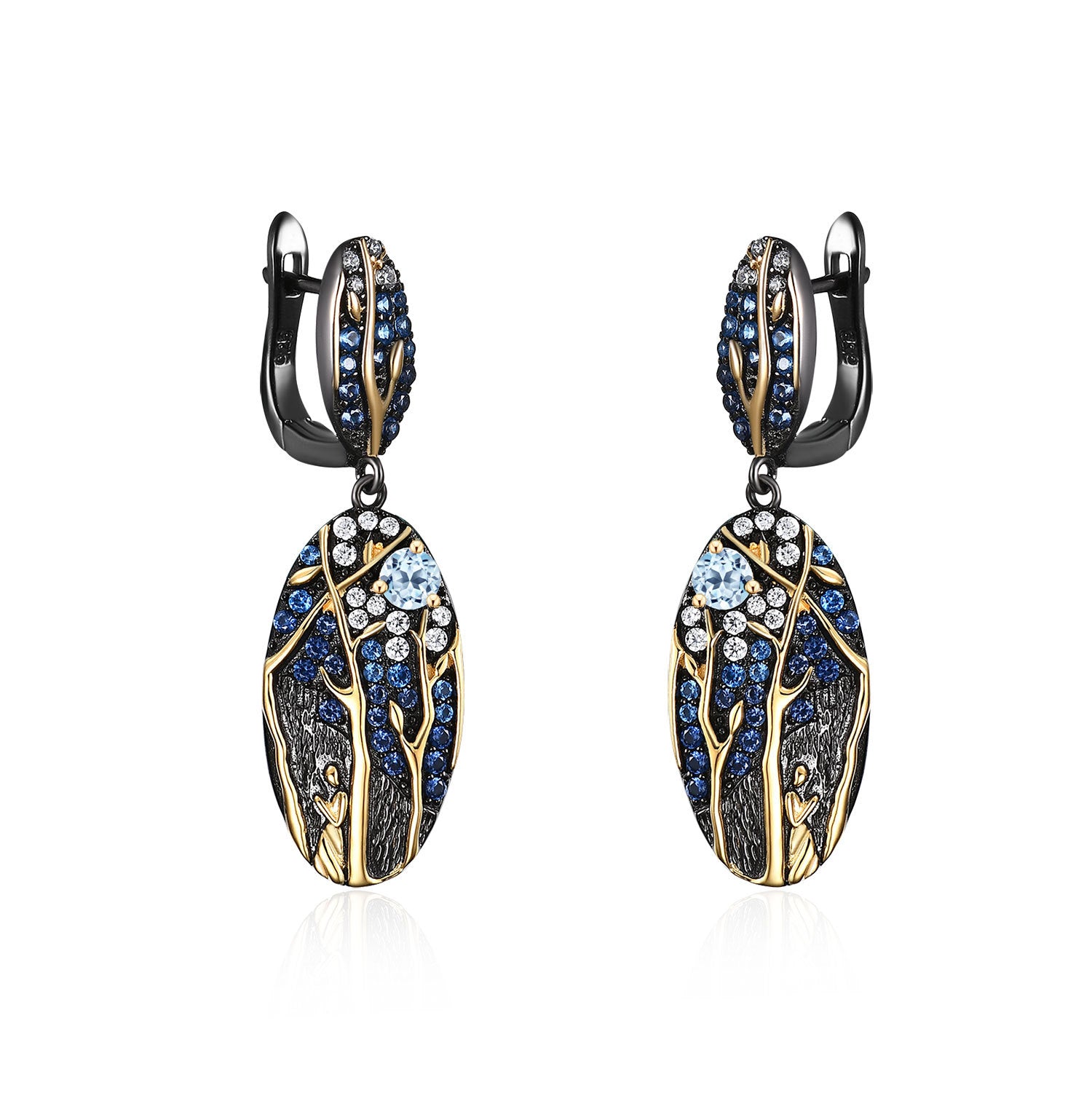 Italian Design Inlaid Colourful Gemstone Oval Shape with Tree Sterling Silver Drop Earrings for Women