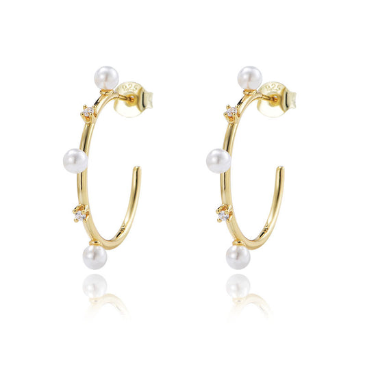 C-shaped with Pearl Zircon Silver Studs Earrings for Women