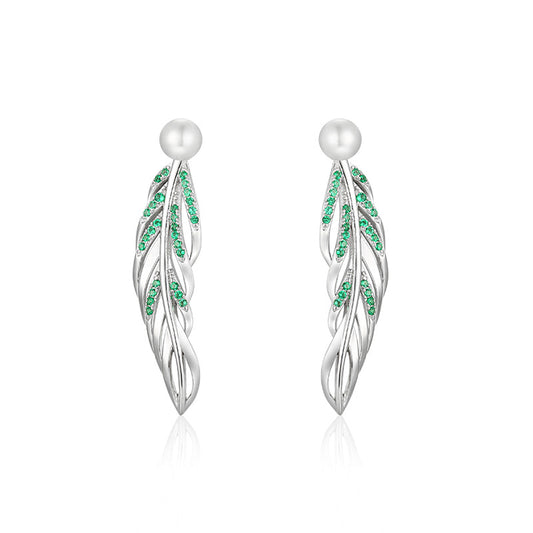Green Zircon Feather with Freshwater Pearl Silver Drop Earrings for Women