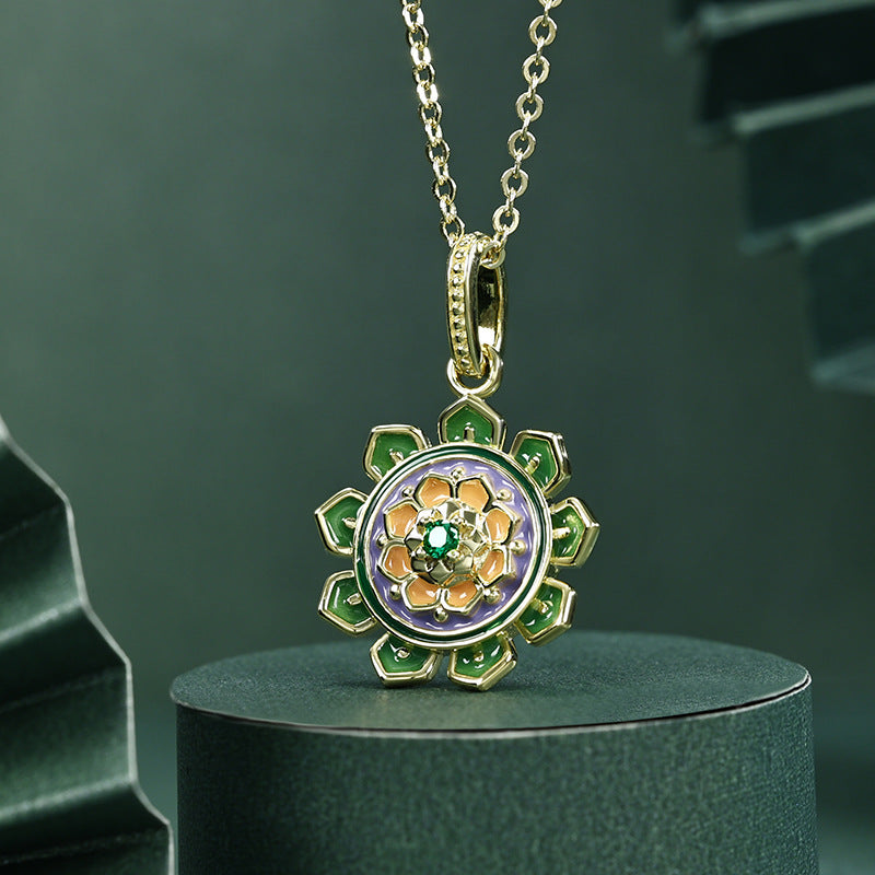Lotus Pattern Series Green Zircon Enamel Pendant Silver Necklace for Women
