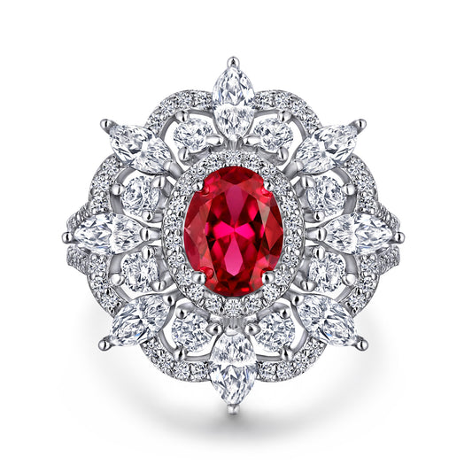 (1.5CT) Ice Cut Red Zircon Sumptuous Flower Silver Ring for Women