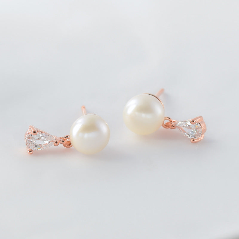 Freshwater Pearl with Pear Drop Zircon Silver Drop Earrings for Women