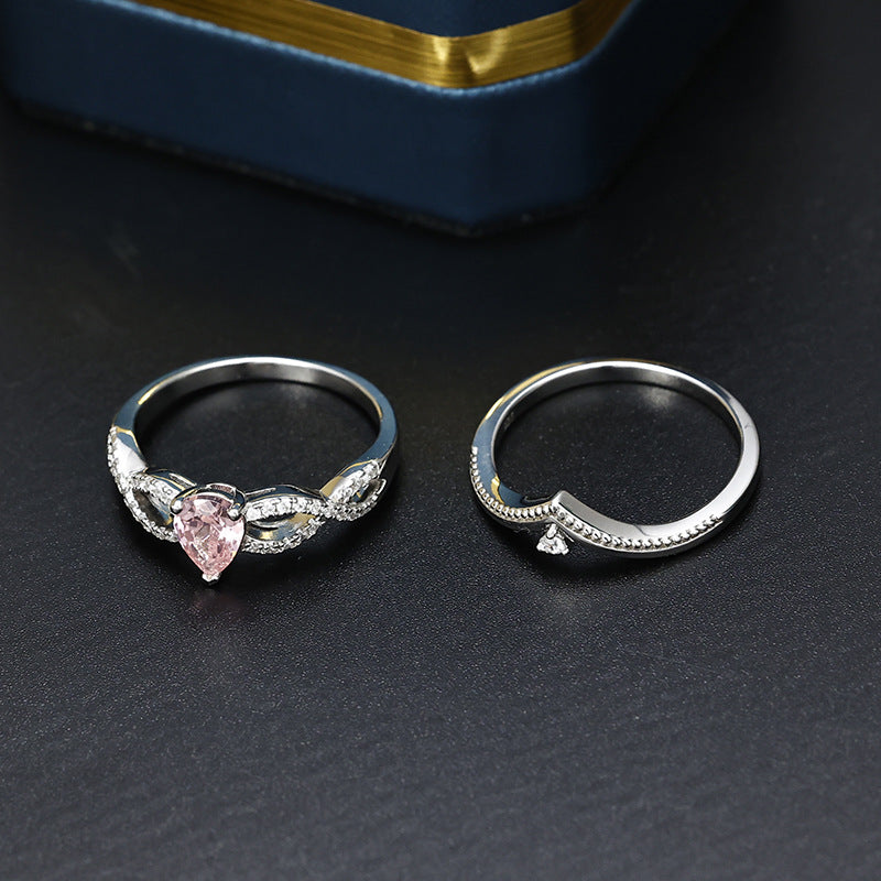 Two-in-one Pink Pear-drop Zircon Split Shank with V Shape Silver Ring Set