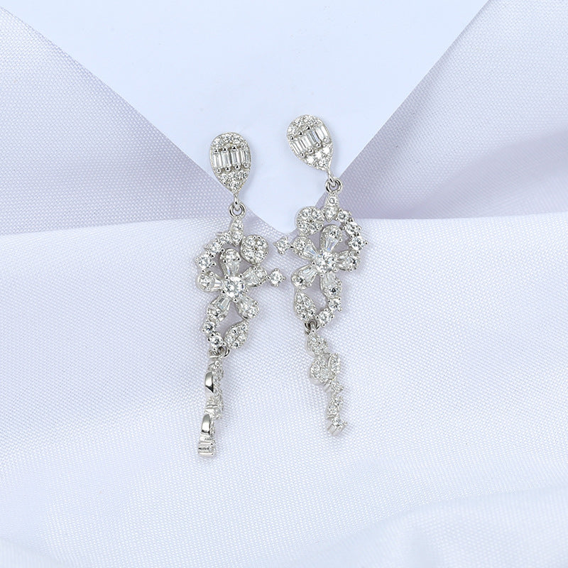 Stylish Flower with Zircon Silver Drop Earrings for Women