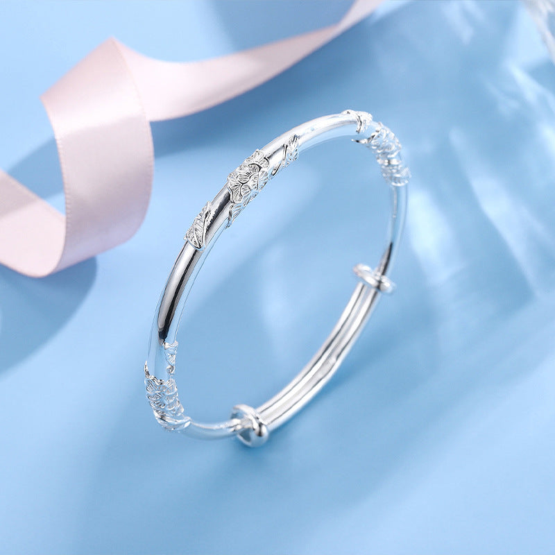 Flower Pattern Solid Push-pull Silver Bracelet for Women
