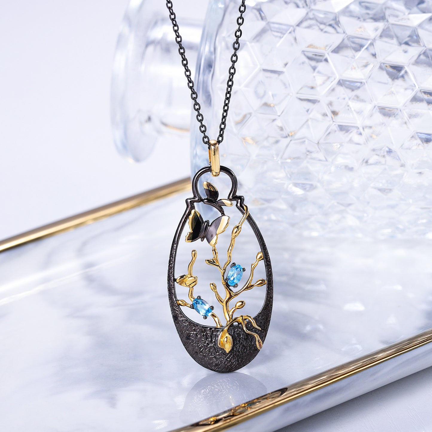 Natural Topaz Butterfly In Garden Pendant Silver Necklace for Women