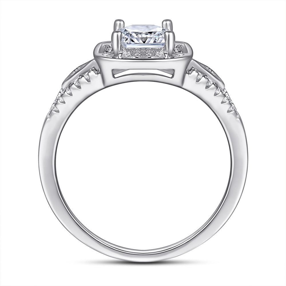Princess Cut Zircon Soleste Halo Luxurious Silver Ring