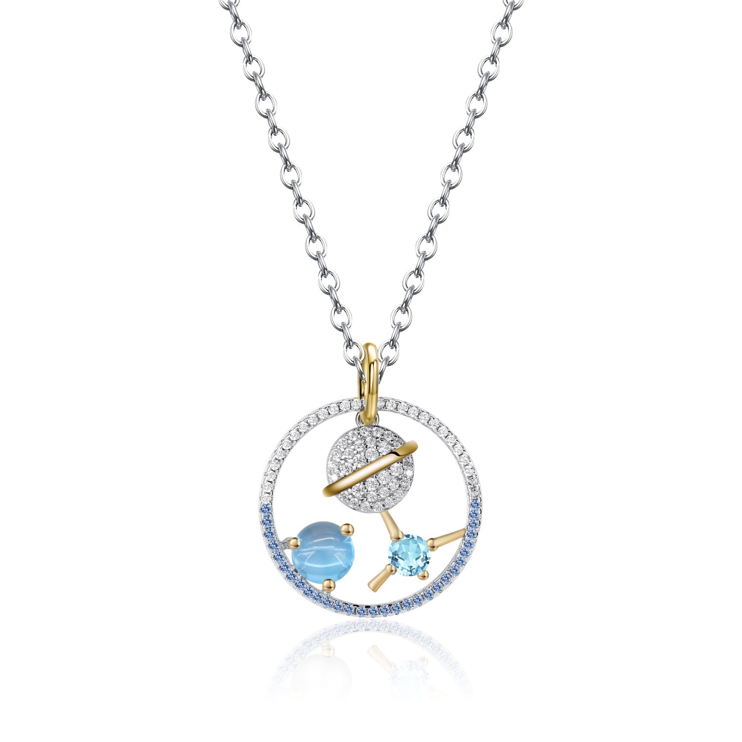 Temperament Original Design Natural Colourful Gemstone Star Circle Pendant Sterling Silver Necklace for Women