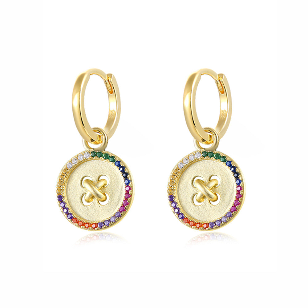 Button with Colourful Zircon Silver Drop Earrings for Women