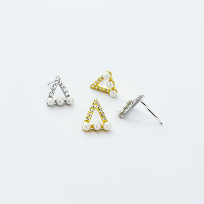 Hollow Zircon Triangle with Pearl Silver Stud Earrings for Women