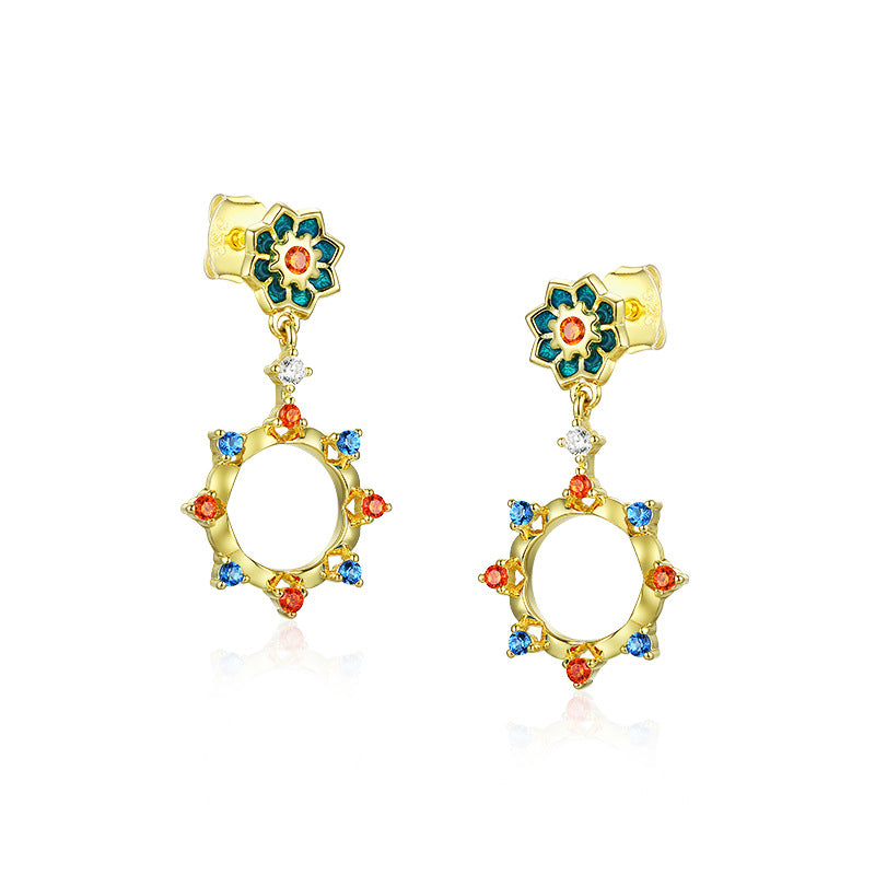 Lotus Pattern Series Enamel with Colourful Zircon Hollow Circle Silver Drop Earrings for Women