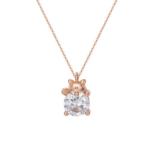 Small Mouse with Round Zircon Silver Necklace for Women