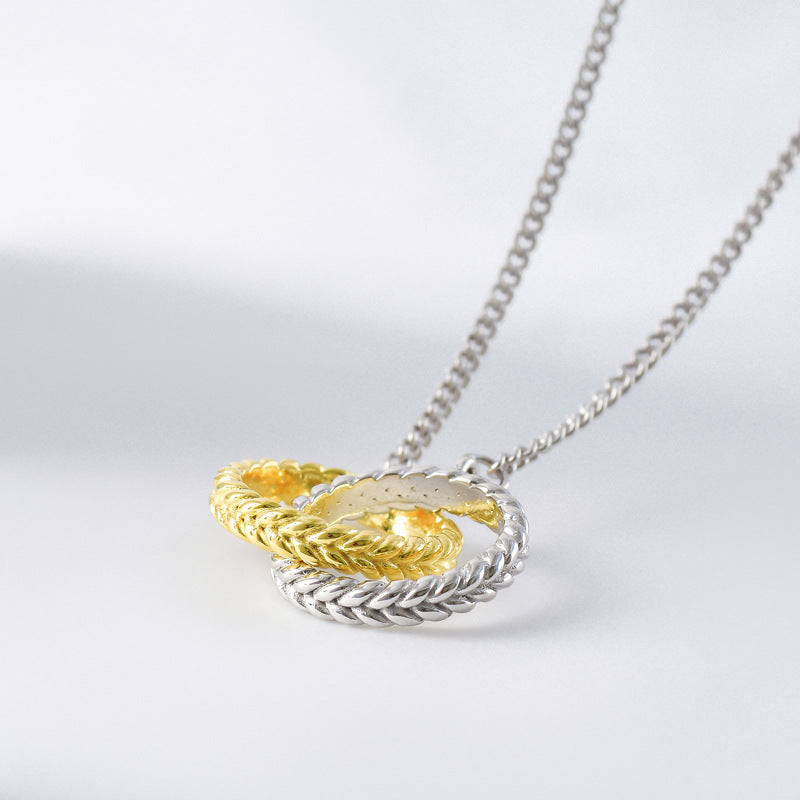 Double Bicolor Wheat Leaf Circle Clasp Silver Necklace for Women