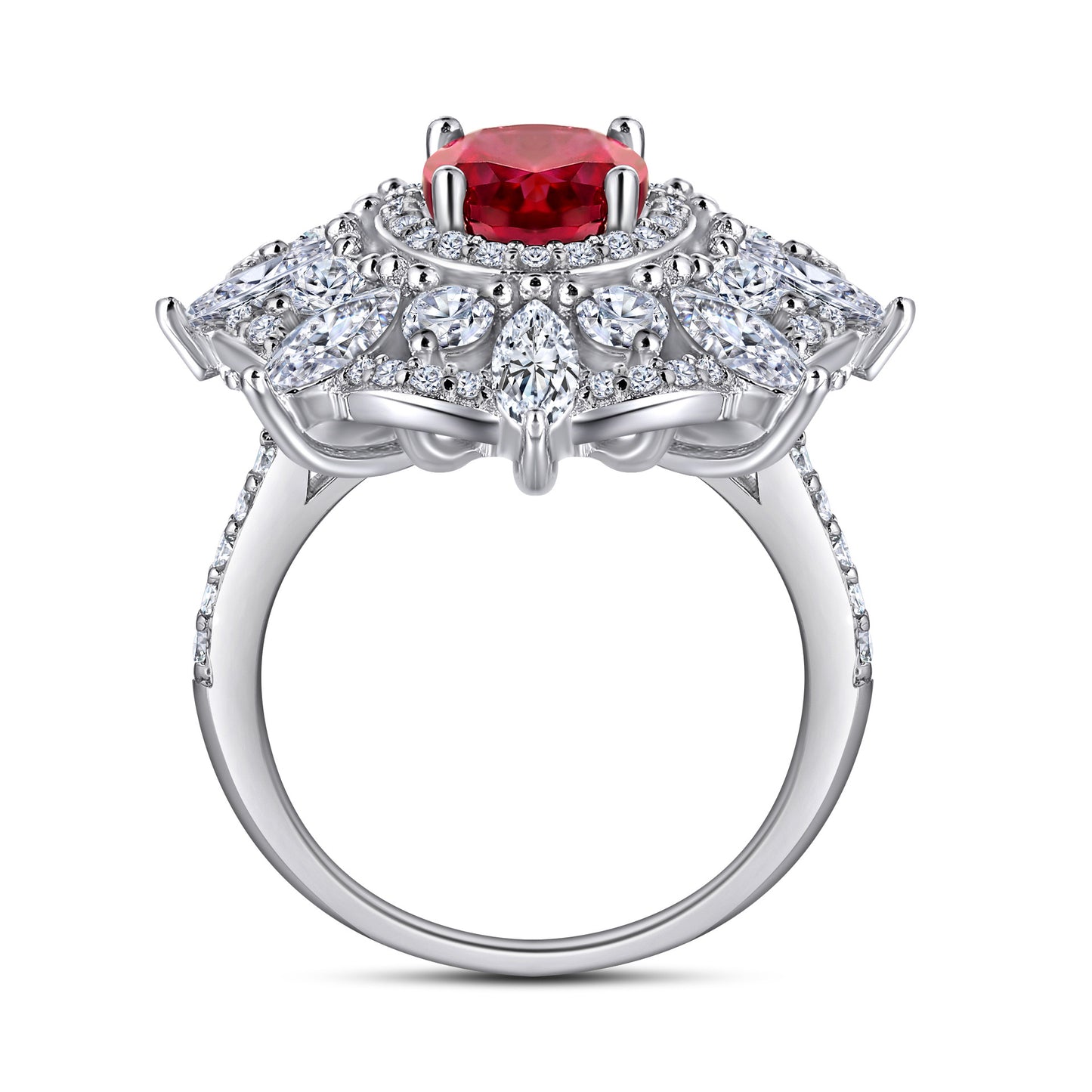 (1.5CT) Ice Cut Red Zircon Sumptuous Flower Silver Ring for Women