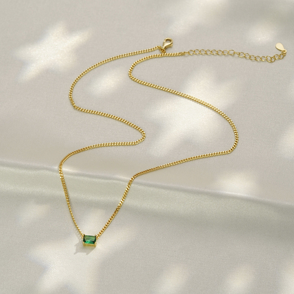 (Two Colours) Emerald Colour Zircon Little Rectangle Pendants 925 Silver Collarbone Necklace for Women