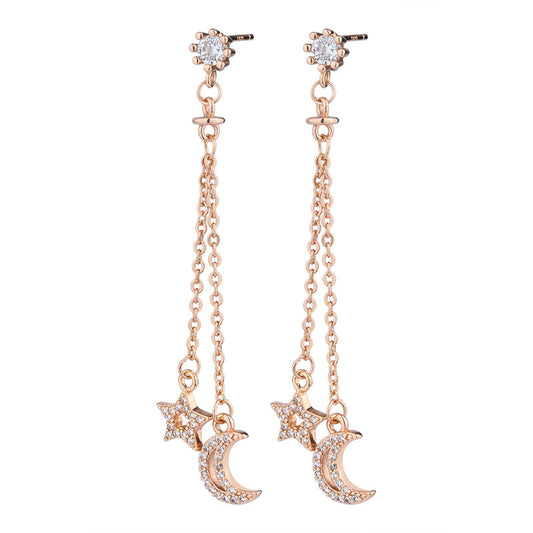 Fringed Zircon Star Moon Long Silver Drop Earrings for Women