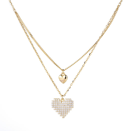 (Two Colours) White Zircon Heart Shape Double Pendants 925 Silver Collarbone Necklace for Women