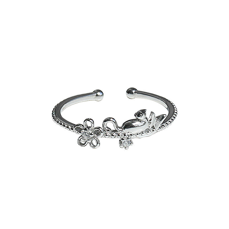 Flower Kitten Silver Ring for Women