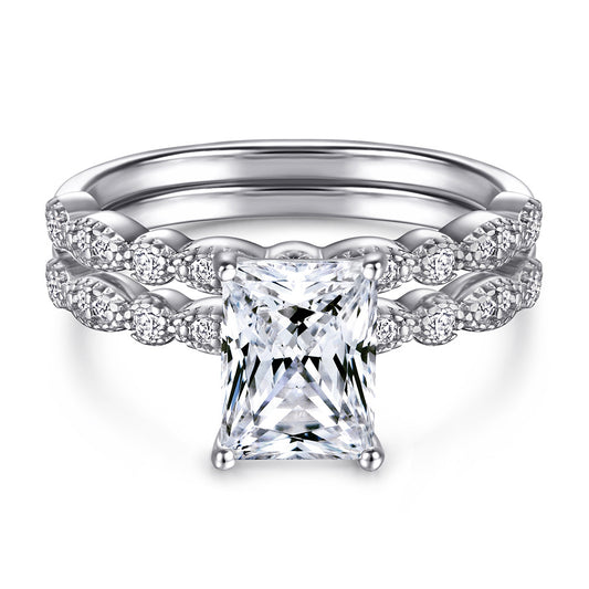 Radiant Cut Zircon Solitaire with Beading Silver Ring Set for Women