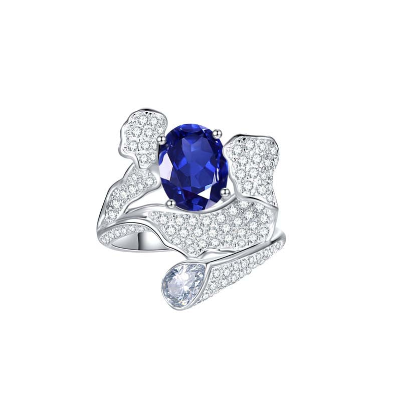 (Two Colours) Lab-Created Sapphires 7*9mm Oval Ice Cut Waves Luxurious Silver Ring for Women
