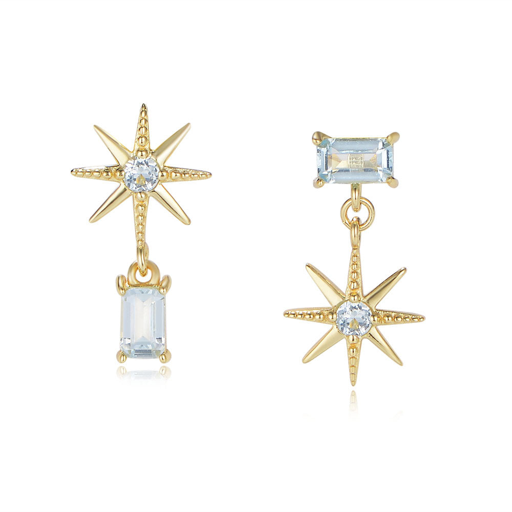 Asymmetric Six-pointed Star with Sky Blue Zircon Silver Drop Earrings for Women
