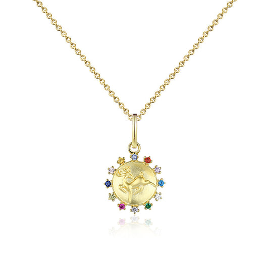 Deer Coin with Colourful Zircon Circle Silver Necklace for Women