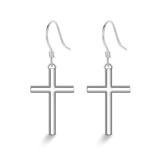 Polished Cross Pendant Silver Drop Earrings for Women