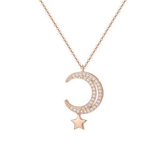Zircon Hollow Moon with Star Pendant Silver Necklace for Women