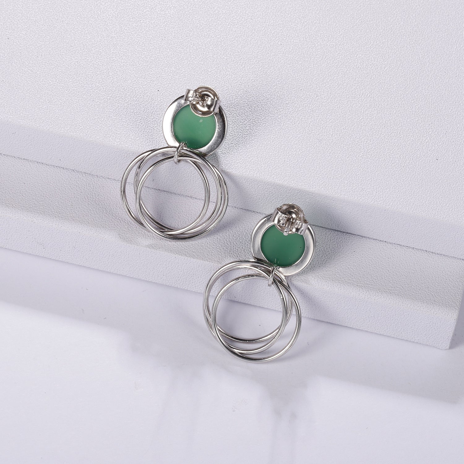 Green Agate Geometric Circle Silver Drop Earrings for Women