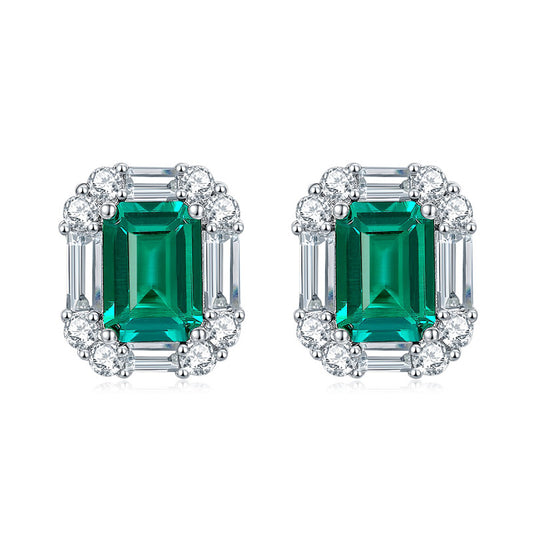 Lab-Created Emerald Rectangle 6*8mm Silver Studs Earrings for Women