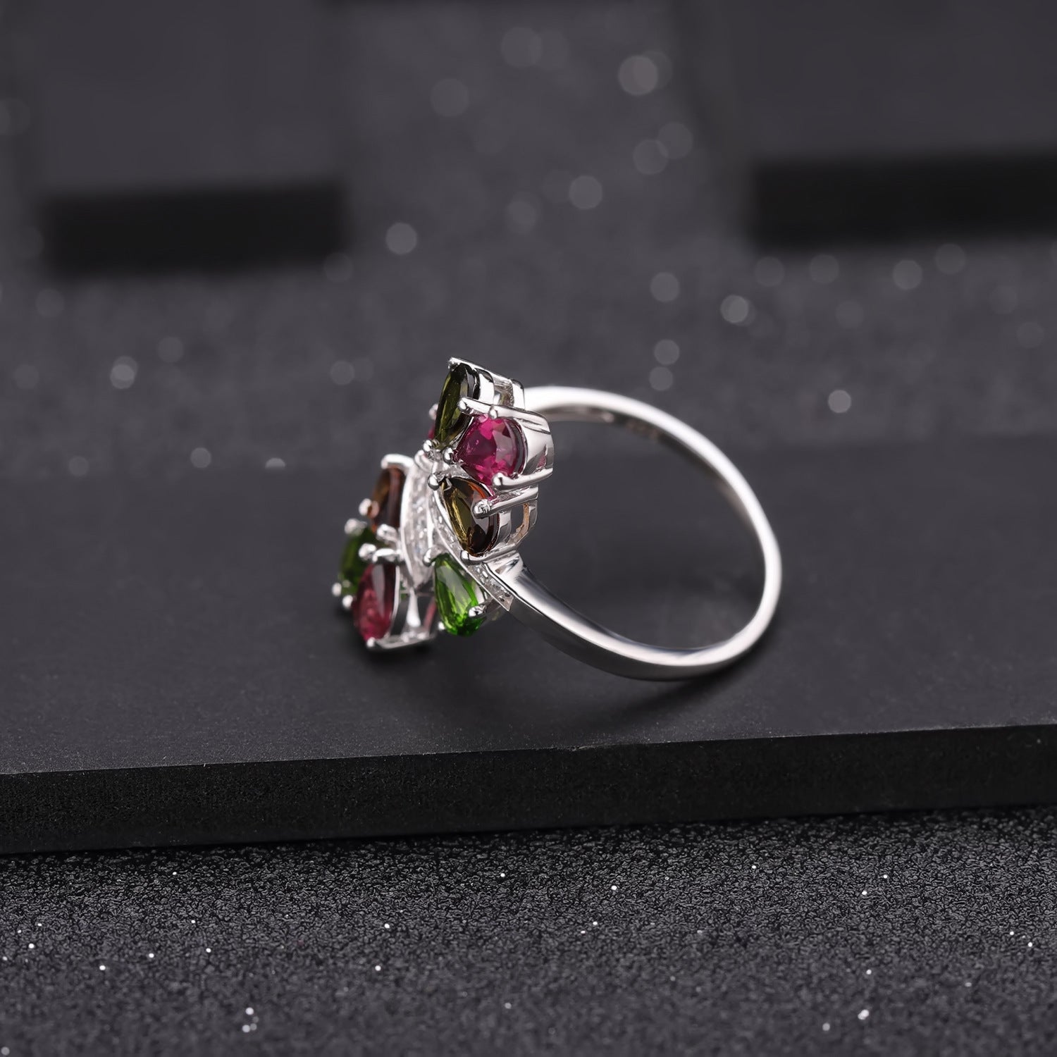 European Retro Design Inlaid Natural Colourful Gemstones Silver Ring for Women