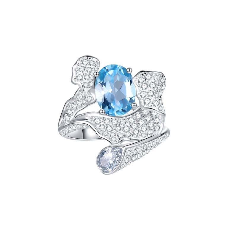 Sky Blue Natural Topaz 7*9mm Oval Ice Cut Waves Luxurious Silver Ring for Women