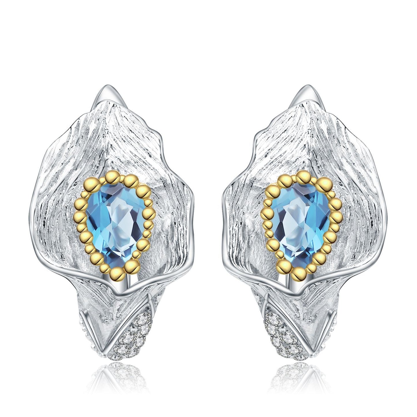 Italian Craft Vintage Desig Inlaid Natural Topaz Flower Silver Studs Earrings for Women