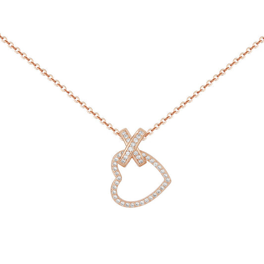 Zircon Hollow Heart X-shape Pendant Silver Necklace for Women