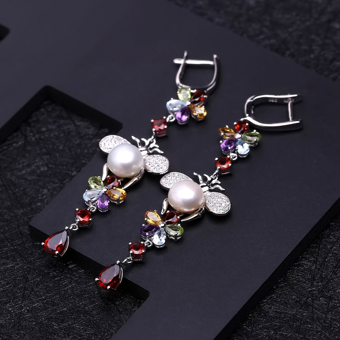 European Gemstones with Pearl Bee and Flower Design Silver Drop Earrings for Women