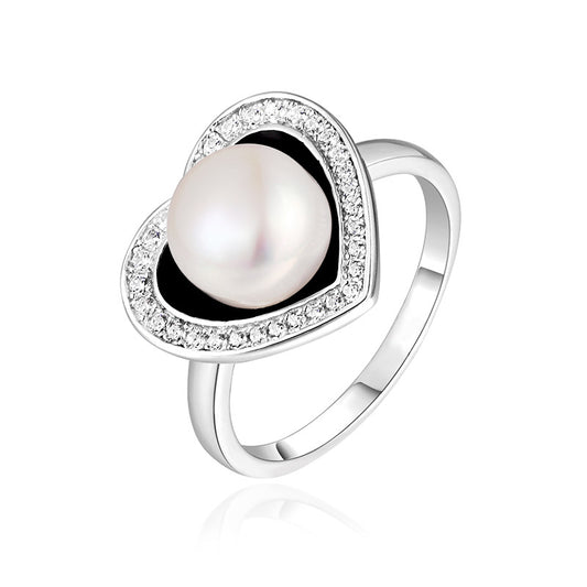 9mm Freshwater Pearl with Heart-shape Soleste Halo Zircon Silver Ring for Women