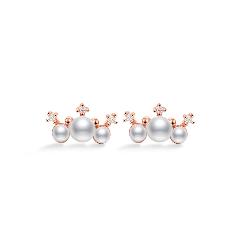 Three Pearl Small Crown Silver Stud Earrings for Women