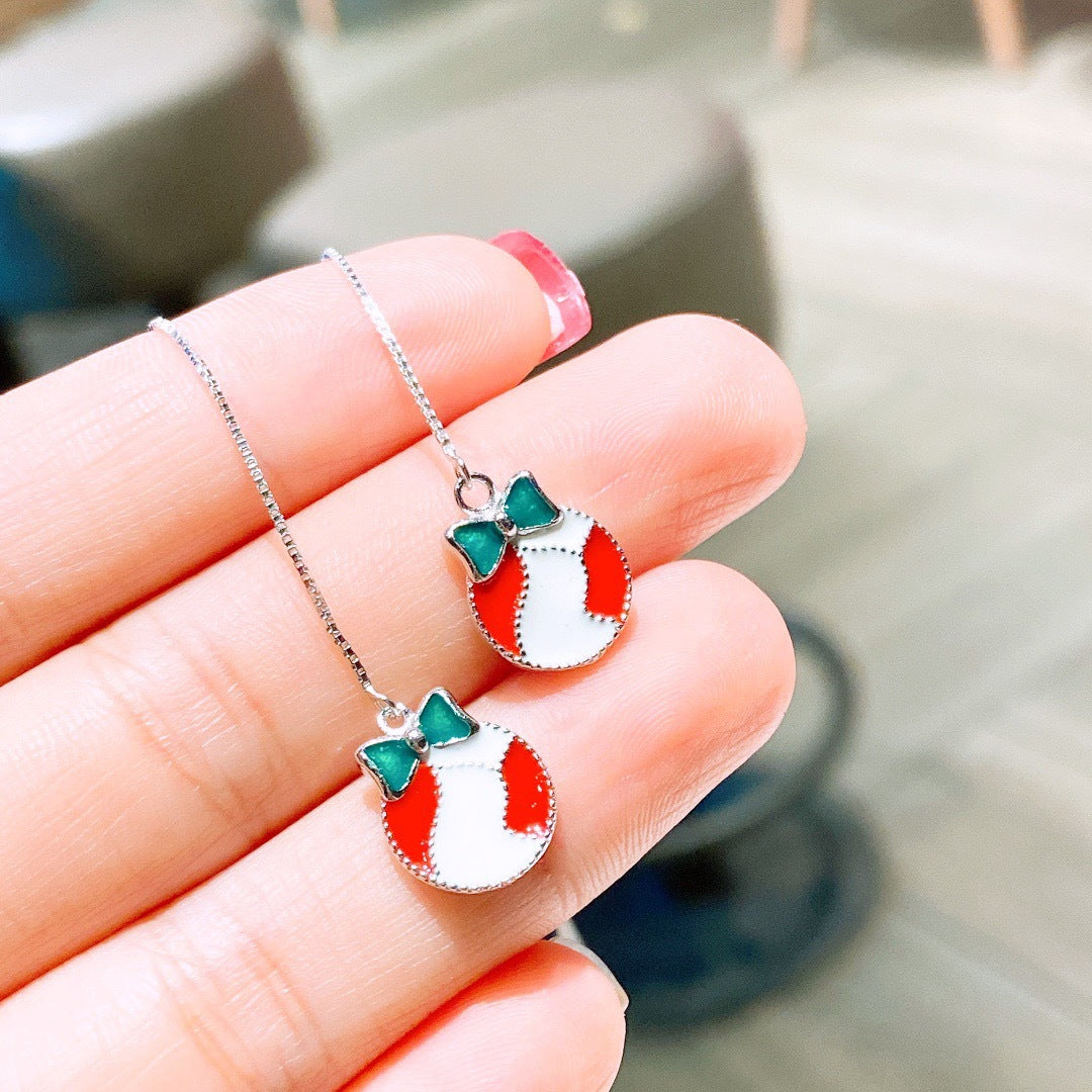 Red and White Circle with Green Bow Ear Line Silver Drop Earrings for Women