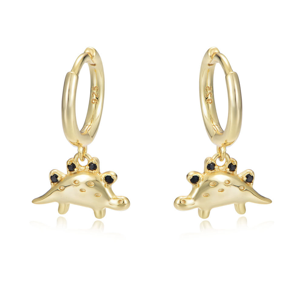 Black Zircon Cute Dinosaur Silver Drop Earrings for Women