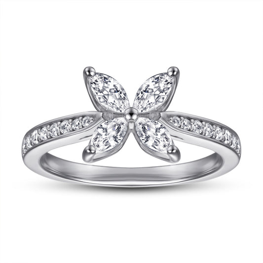 Four Prongs Marquise Zircon Four Leaf Grass Silver Ring for Women