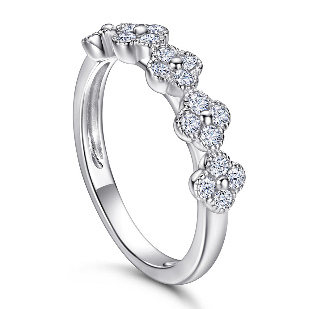 Half Circle Round Zircon Clover Silver Ring for Women
