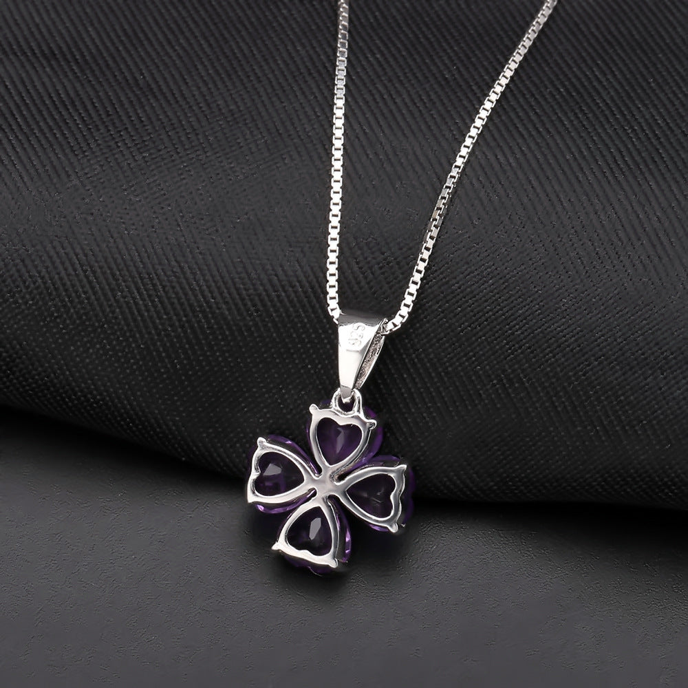European Personality Fashion Design Inlaid Natural Colourful Gemstones Love Four-leaf Clover Pendant Silver Necklace for Women