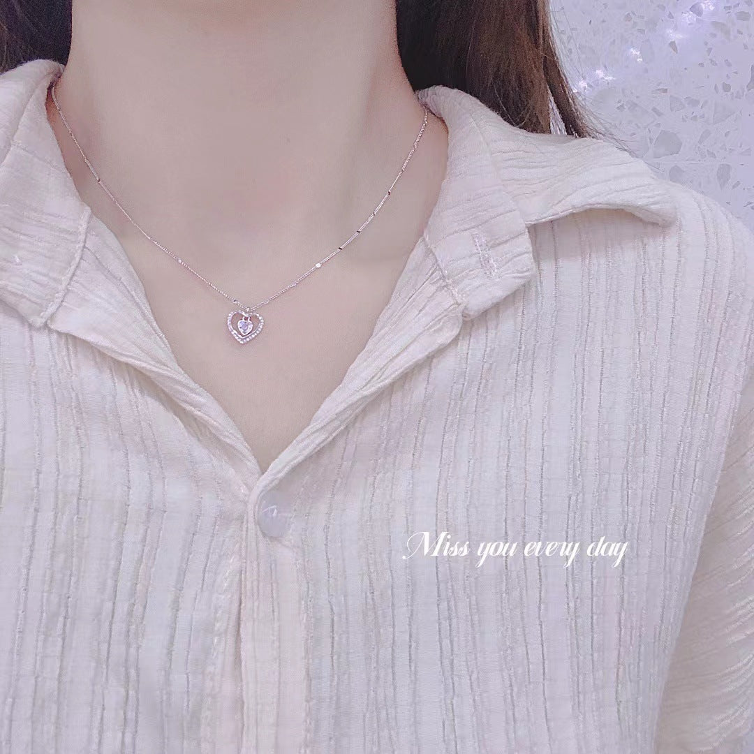 Hollow Heart with Heart-shaped Zircon Pendant Silver Necklace for Women