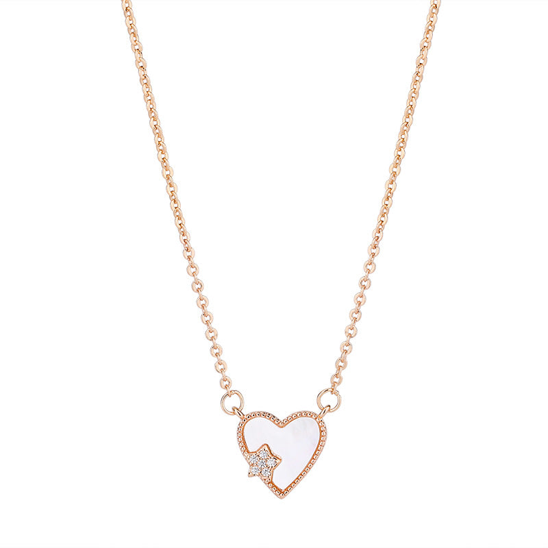 Mother of Pearl Heart with Zircon Star Silver Necklace for Women